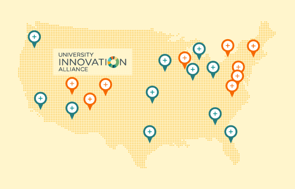 Map of US with + icons showing new and founding members of the University Innovation Alliance